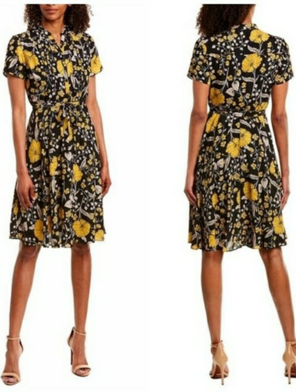 Nannette Lepore Black Yellow Floral A-Line Midi Dress Belt Short Sleeve Size 8